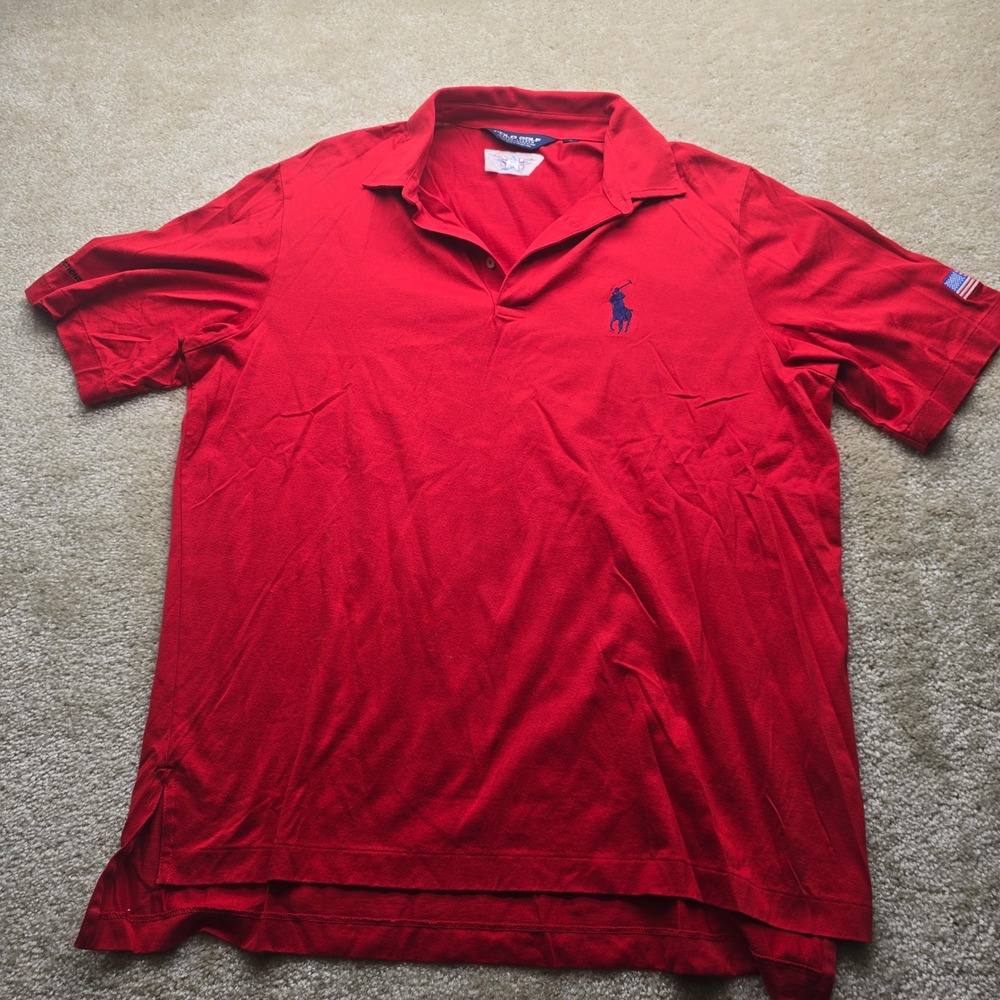 Polo Golf Ralph Lauren Red Mens L Short Sleeve Polo Shirt‎ USA Flag Embroidered - Picture 3 of 9